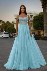 Pink A Line Prom Dress Spaghetti Straps Sleeveless Beaded Evening Dress