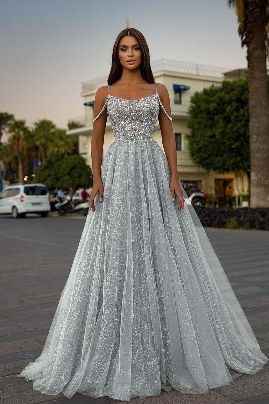Pink A Line Prom Dress Spaghetti Straps Sleeveless Beaded Evening Dress