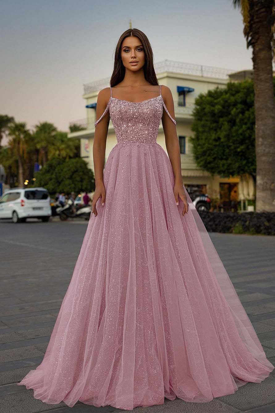 Pink A Line Prom Dress Spaghetti Straps Sleeveless Beaded Evening Dress