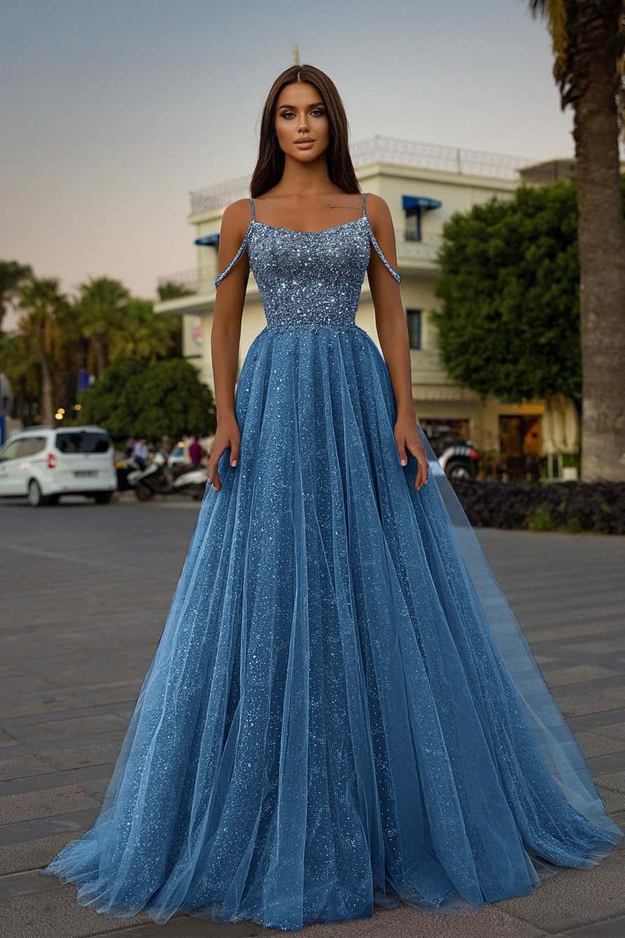 Pink A Line Prom Dress Spaghetti Straps Sleeveless Beaded Evening Dress