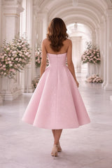 Pink A Line Prom Dress with Folded Strapless Neckline and Pearls