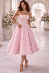 Pink A Line Prom Dress with Folded Strapless Neckline and Pearls
