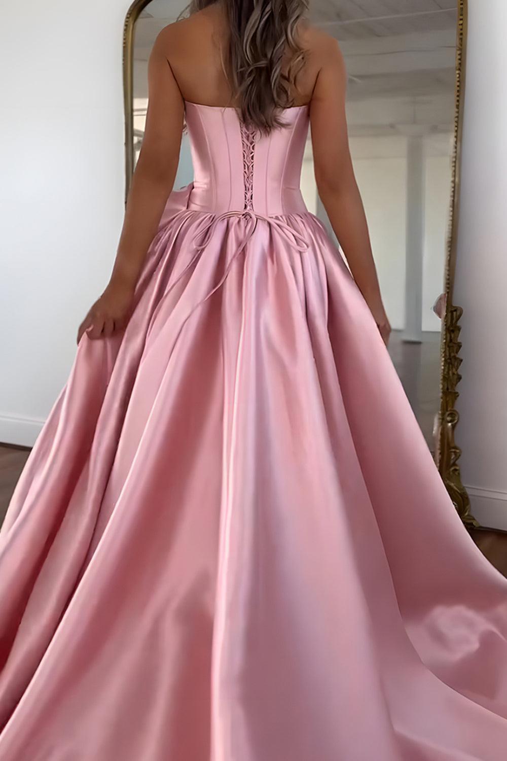 Pink A Line Satin Strapless Long Corset Prom Dress With 3D Flower