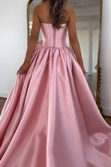 Pink A Line Satin Strapless Long Corset Prom Dress With 3D Flower