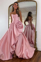 Pink A Line Satin Strapless Long Corset Prom Dress With 3D Flower