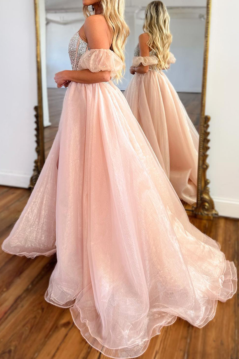 Pink A-Line Strapless Corset Beaded Prom Dress