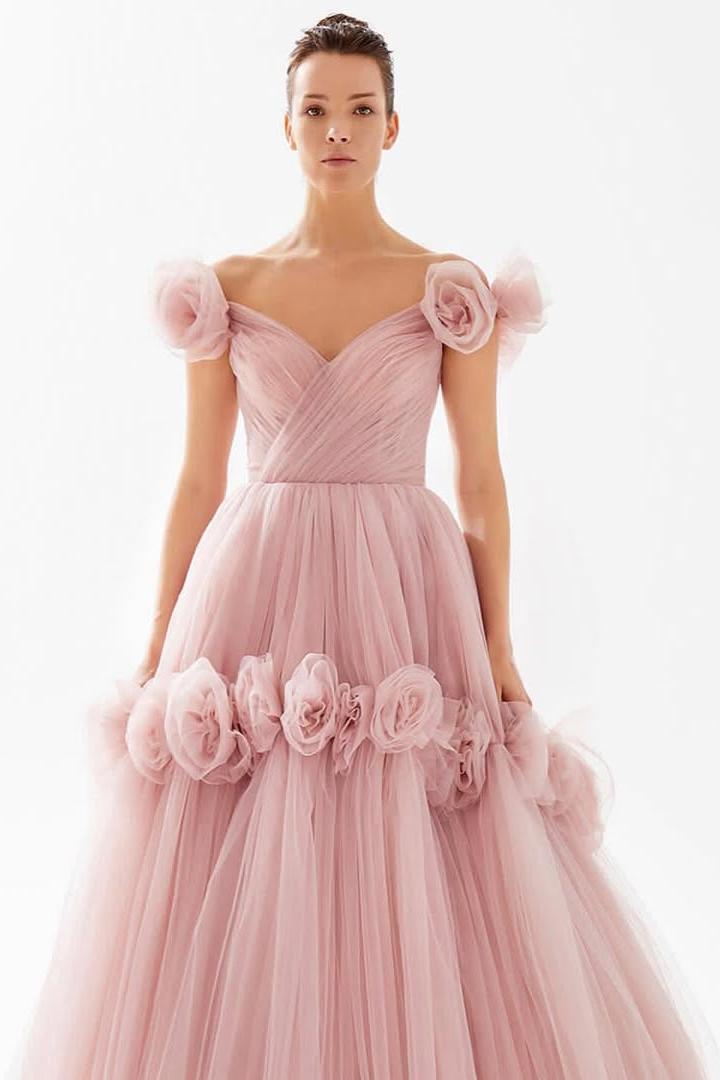 Pink Ball Gown Prom Dress Off the Shoulder Evening Dress With 3D Flowers