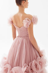Pink Ball Gown Prom Dress Off the Shoulder Evening Dress With 3D Flowers