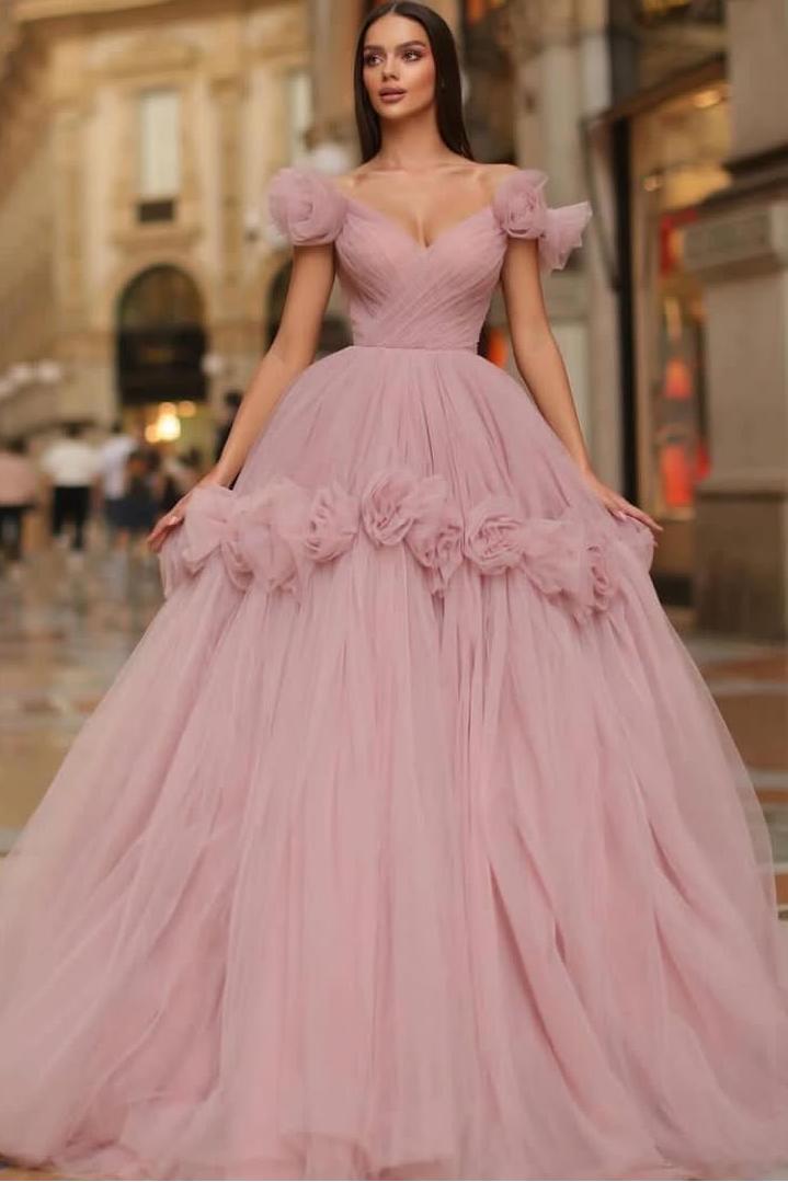 Pink Ball Gown Prom Dress Off the Shoulder Evening Dress With 3D Flowers