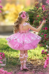 Pink Ball Gown Tulle Princess Flower Girl Dress with 3D Flowers