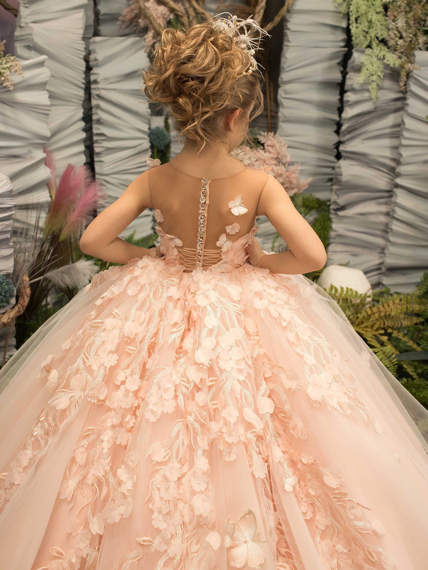 Pink Ball Gown Tulle Princess Flower Girl Dress with Lace Appliques