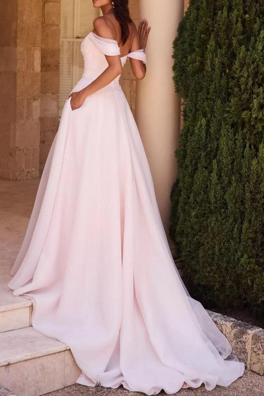 Pink Beach Wedding Dress A Line Off the Shoulder Bridal Dress with Slit