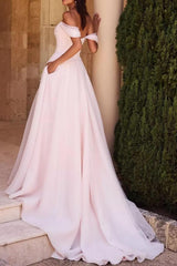 Pink Beach Wedding Dress A Line Off the Shoulder Bridal Dress with Slit