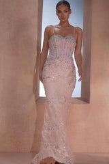Pink Beaded Mermaid Prom Dress with Spaghetti Straps and Sheer Corset Bodice