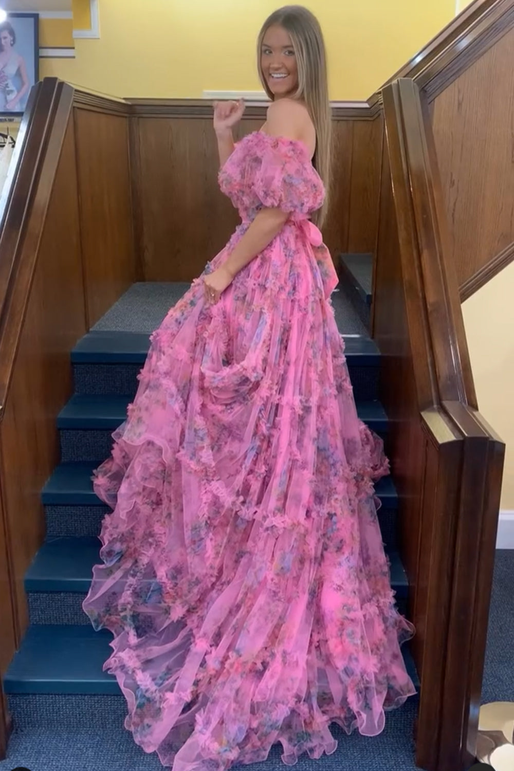 Pink Blue Prom Dress Flower Floral Off the Shoulder Long Evening Dress