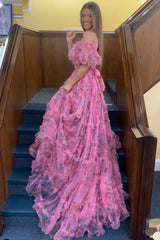 Pink Blue Prom Dress Flower Floral Off the Shoulder Long Evening Dress