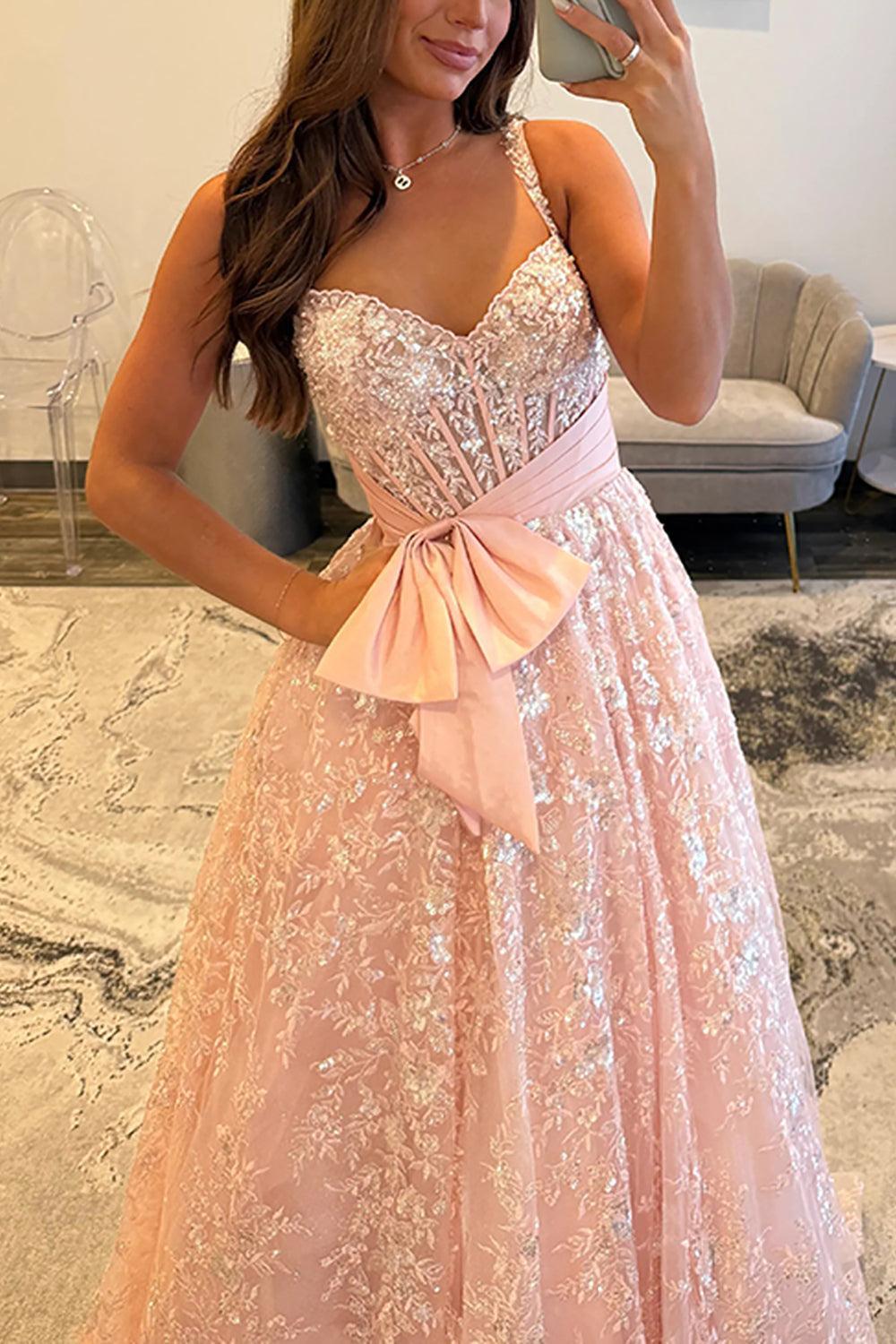 Pink Corset Prom Dress A Line Lace Long Formal Dress With Bow