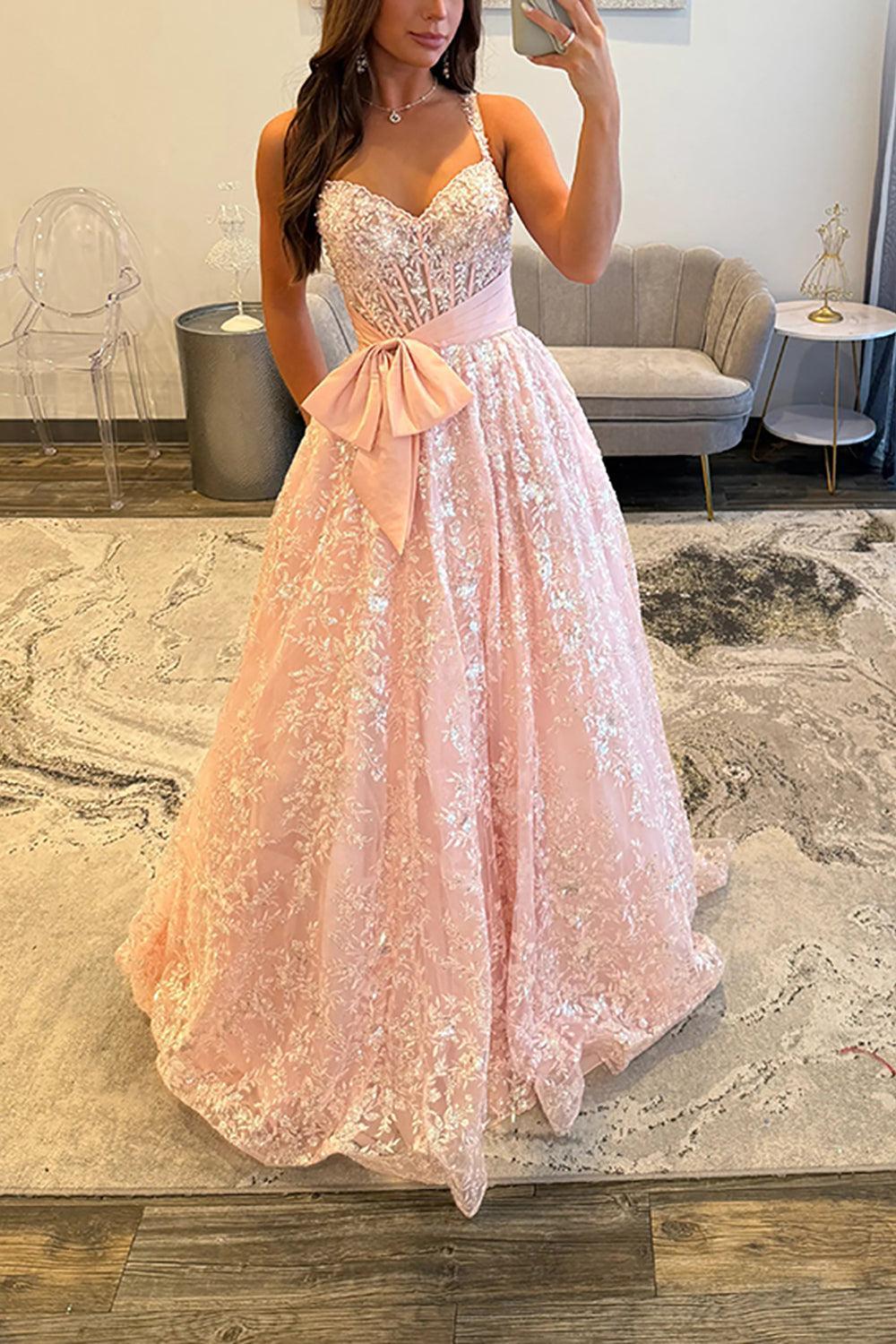 Pink Corset Prom Dress A Line Lace Long Formal Dress With Bow