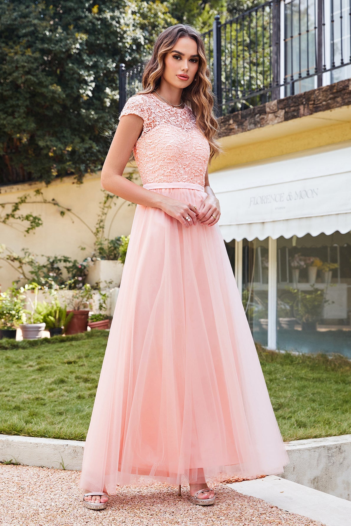 Pink Crew Neck Mother of the Bride Dress Cap Sleeve Bridesmaid Dress