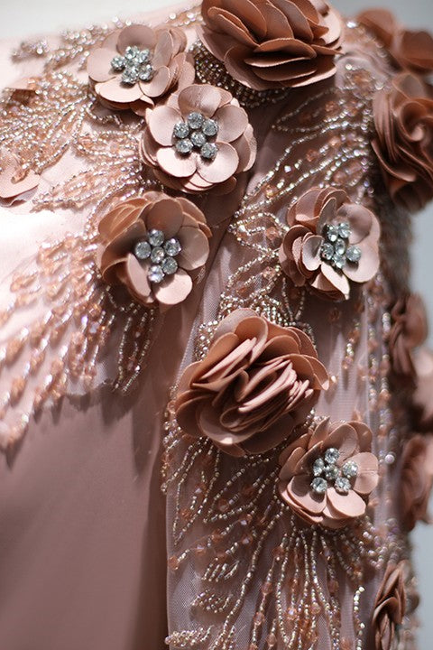 Pink Detachable Train Prom Dress Long Sleeve Bateau Neck Evening Dress With 3D Flowers