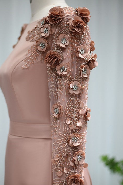 Pink Detachable Train Prom Dress Long Sleeve Bateau Neck Evening Dress With 3D Flowers