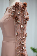 Pink Detachable Train Prom Dress Long Sleeve Bateau Neck Evening Dress With 3D Flowers