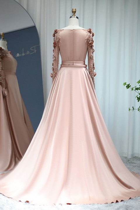 Pink Detachable Train Prom Dress Long Sleeve Bateau Neck Evening Dress With 3D Flowers