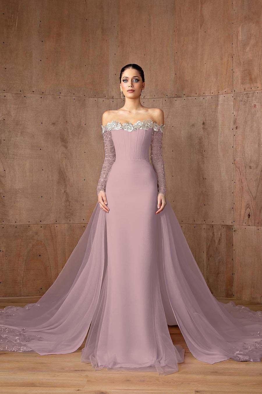 Pink Detachable Train Prom Dress Long Sleeve Off the Shoulder Sequined Evening Dress