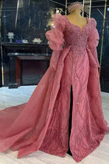 Pink Detachable Train Prom Dress Long Sleeve V Neck Beaded Evening Dress