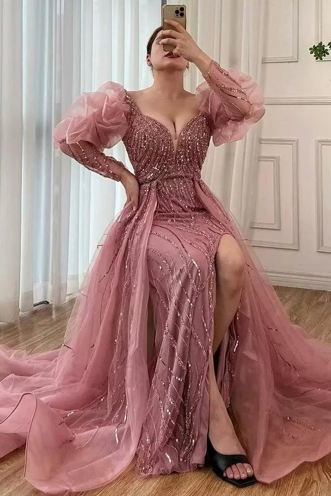 Pink Detachable Train Prom Dress Long Sleeve V Neck Beaded Evening Dress