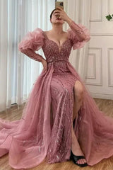 Pink Detachable Train Prom Dress Long Sleeve V Neck Beaded Evening Dress