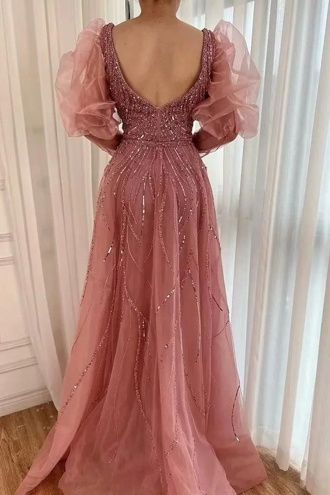 Pink Detachable Train Prom Dress Long Sleeve V Neck Beaded Evening Dress