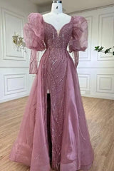 Pink Detachable Train Prom Dress Long Sleeve V Neck Beaded Evening Dress