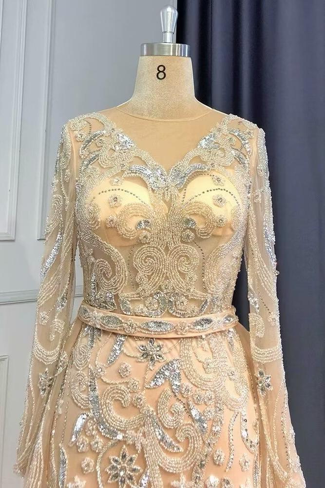 Pink Detachable Train Prom Dress Long Sleeve V Neck Evening Dress With Lace Appliques