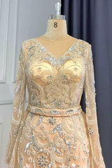 Pink Detachable Train Prom Dress Long Sleeve V Neck Evening Dress With Lace Appliques
