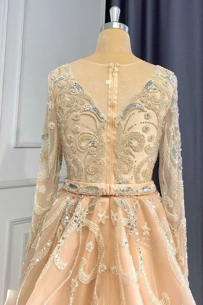 Pink Detachable Train Prom Dress Long Sleeve V Neck Evening Dress With Lace Appliques