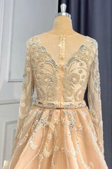 Pink Detachable Train Prom Dress Long Sleeve V Neck Evening Dress With Lace Appliques