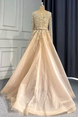 Pink Detachable Train Prom Dress Long Sleeve V Neck Evening Dress With Lace Appliques