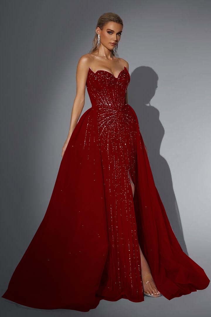 Pink Detachable Train Prom Dress Sleeveless Sweetheart Beaded Evening Dress