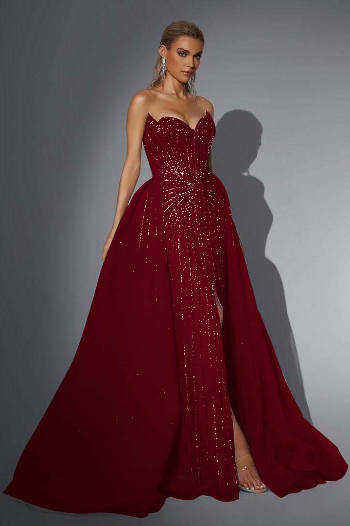 Pink Detachable Train Prom Dress Sleeveless Sweetheart Beaded Evening Dress