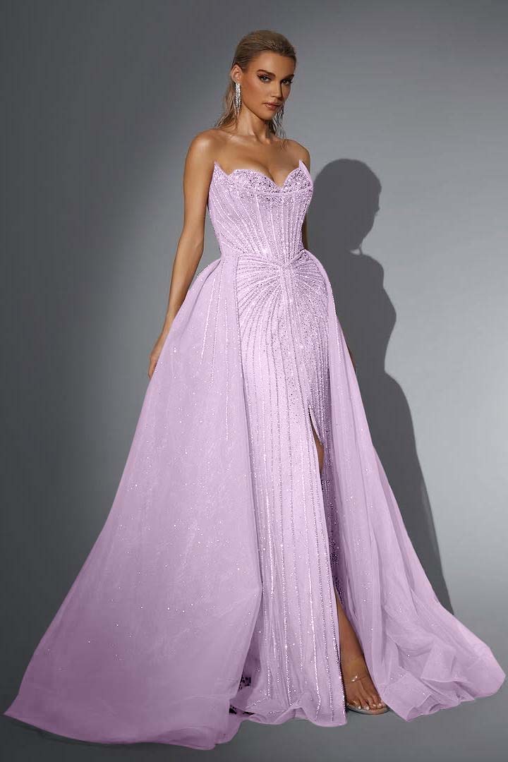 Pink Detachable Train Prom Dress Sleeveless Sweetheart Beaded Evening Dress