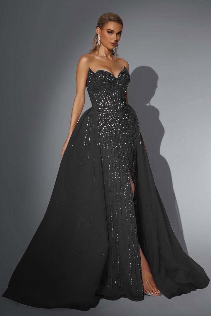 Pink Detachable Train Prom Dress Sleeveless Sweetheart Beaded Evening Dress