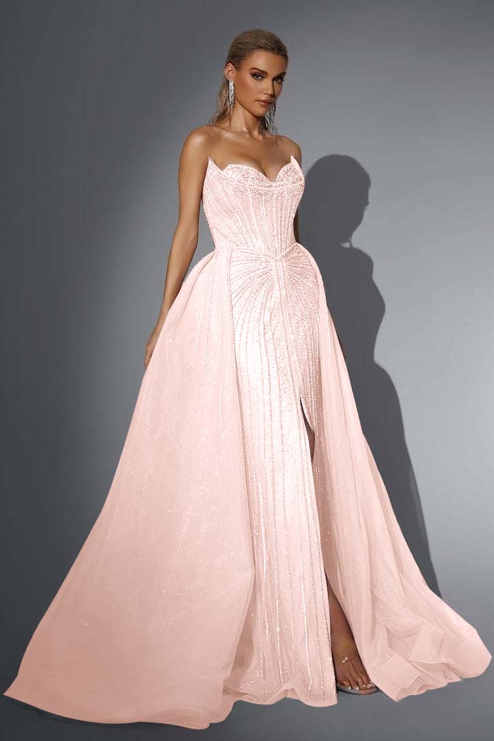 Pink Detachable Train Prom Dress Sleeveless Sweetheart Beaded Evening Dress