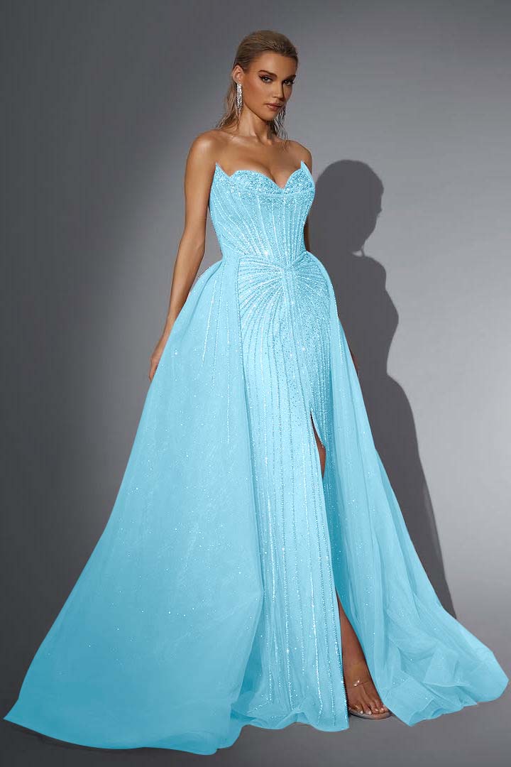 Pink Detachable Train Prom Dress Sleeveless Sweetheart Beaded Evening Dress