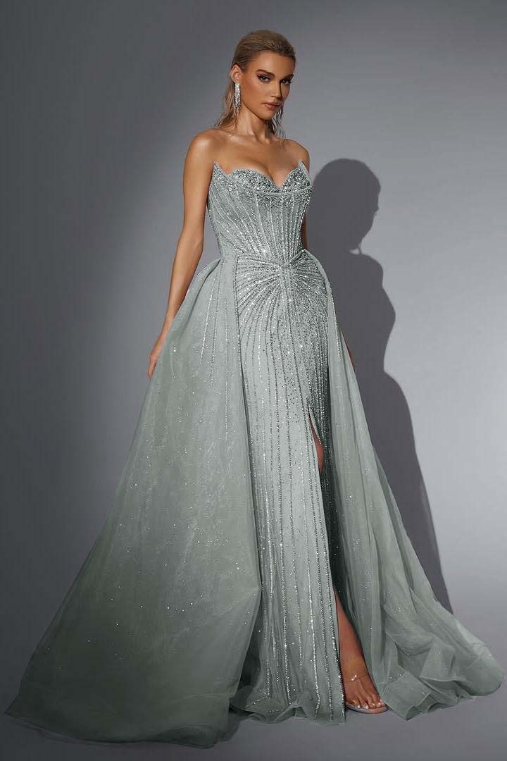 Pink Detachable Train Prom Dress Sleeveless Sweetheart Beaded Evening Dress