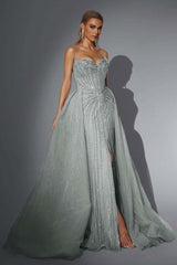Pink Detachable Train Prom Dress Sleeveless Sweetheart Beaded Evening Dress