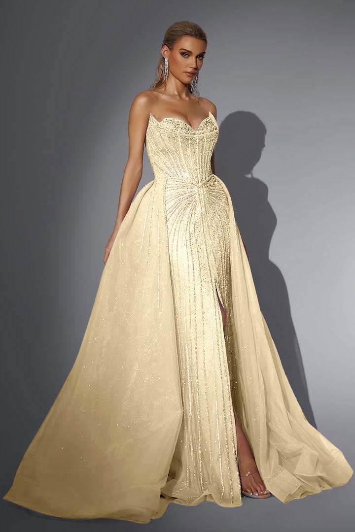 Pink Detachable Train Prom Dress Sleeveless Sweetheart Beaded Evening Dress