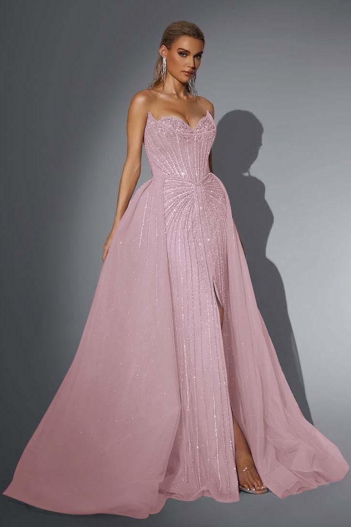 Pink Detachable Train Prom Dress Sleeveless Sweetheart Beaded Evening Dress