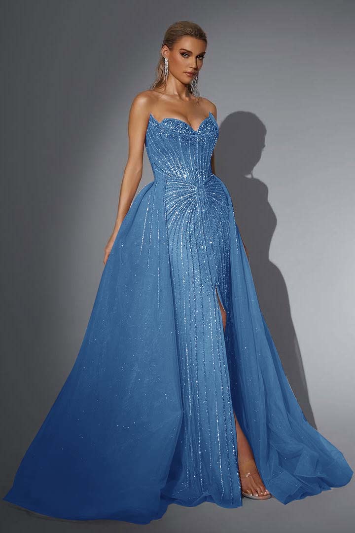 Pink Detachable Train Prom Dress Sleeveless Sweetheart Beaded Evening Dress