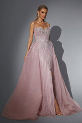 Pink Detachable Train Prom Dress Sleeveless Sweetheart Beaded Evening Dress